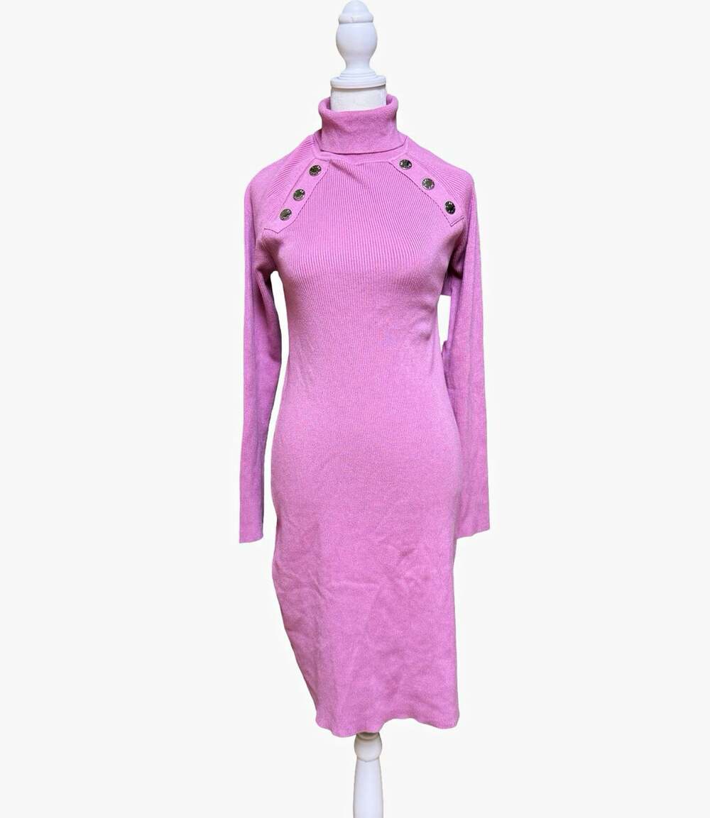 Ellen Tracy Mauve Knit Turtleneck Button Accent Bodycon Sweater Dress L